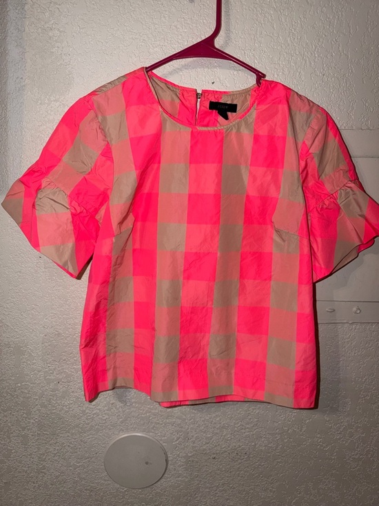 J. Crew Tops - J. Crew Neon Pink and Beige Check Puff-Sleeve Blouse